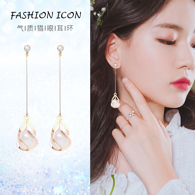 Anting Gantung Panjang Model Hollow Dengan Rumbai Opal Untuk Wanita