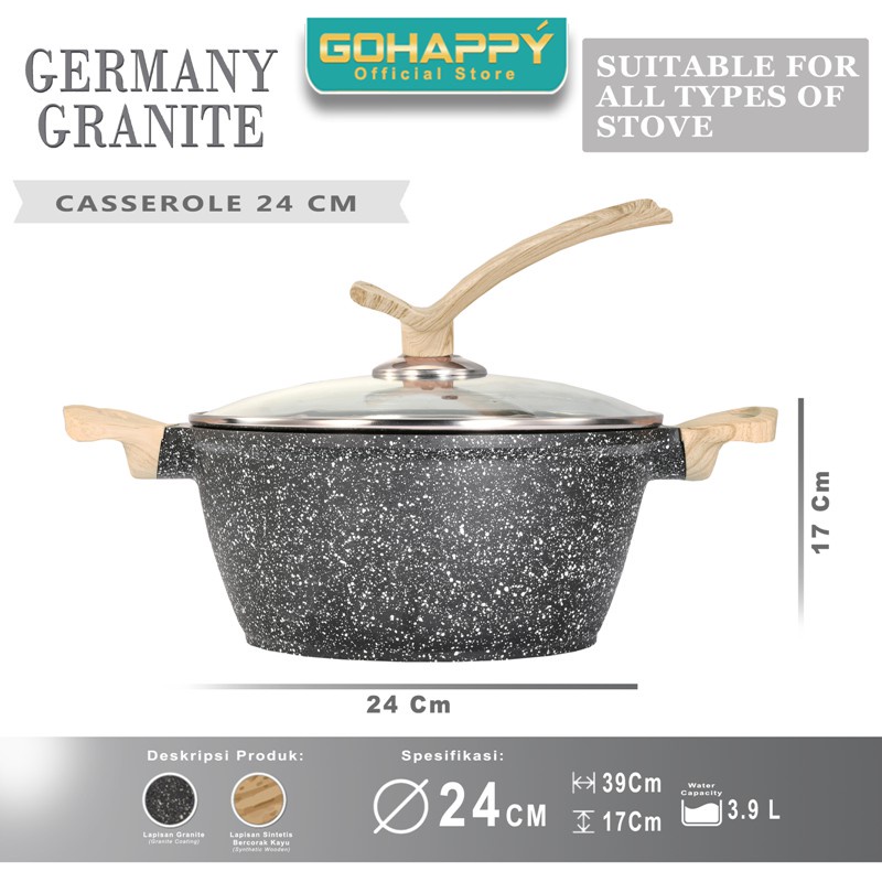 GERMANY GRANITE Casserole 24cm with glass lid GOHAPPY GHG86 Panci stock pot Greblon German Granit an