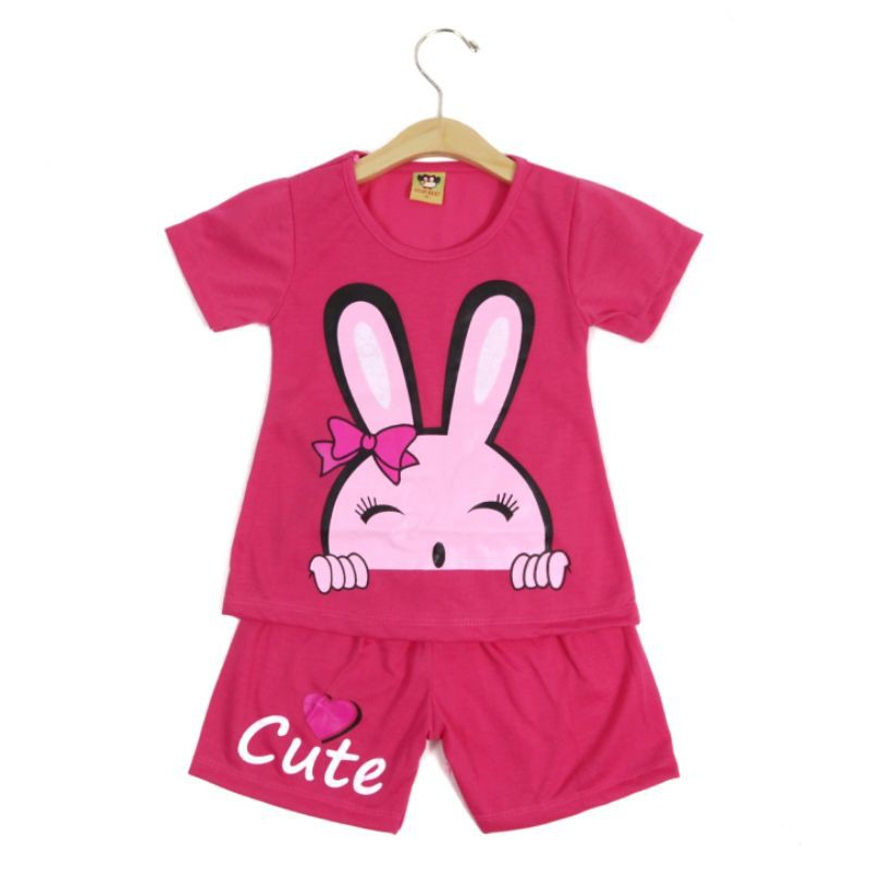 SETELAN FASHION ANAK CELANA PENDEK MOTIF CUTE BUNNY BAHAN KAOS GAMBAR SABLON 2-6 TAHUN