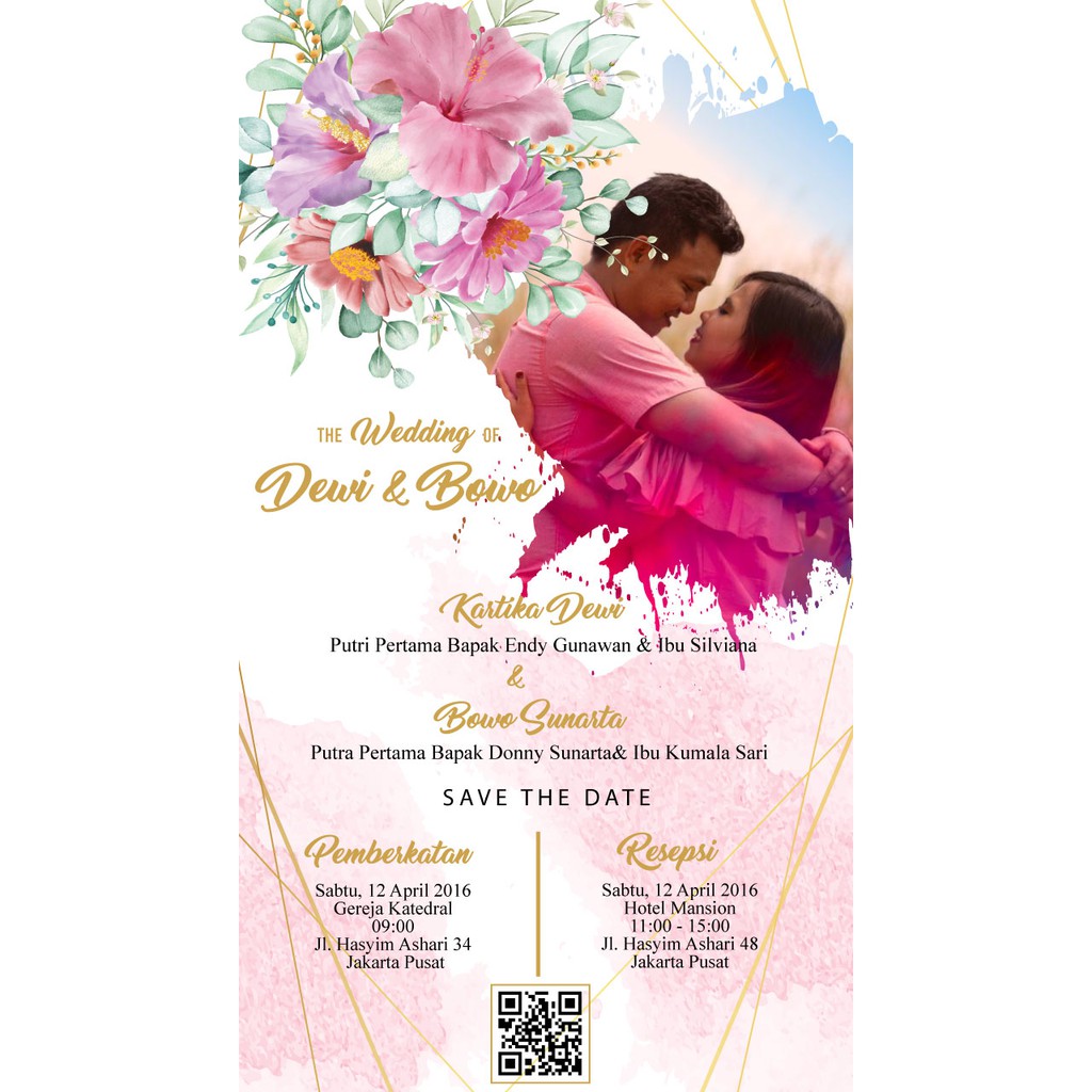 Undangan Pernikahan Digital Gambar Pink Watercolor Premium