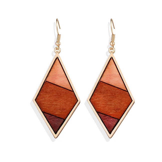 LRC Anting Gantung Fashion Brown Geometric Diamond Wood Colorblock K18751