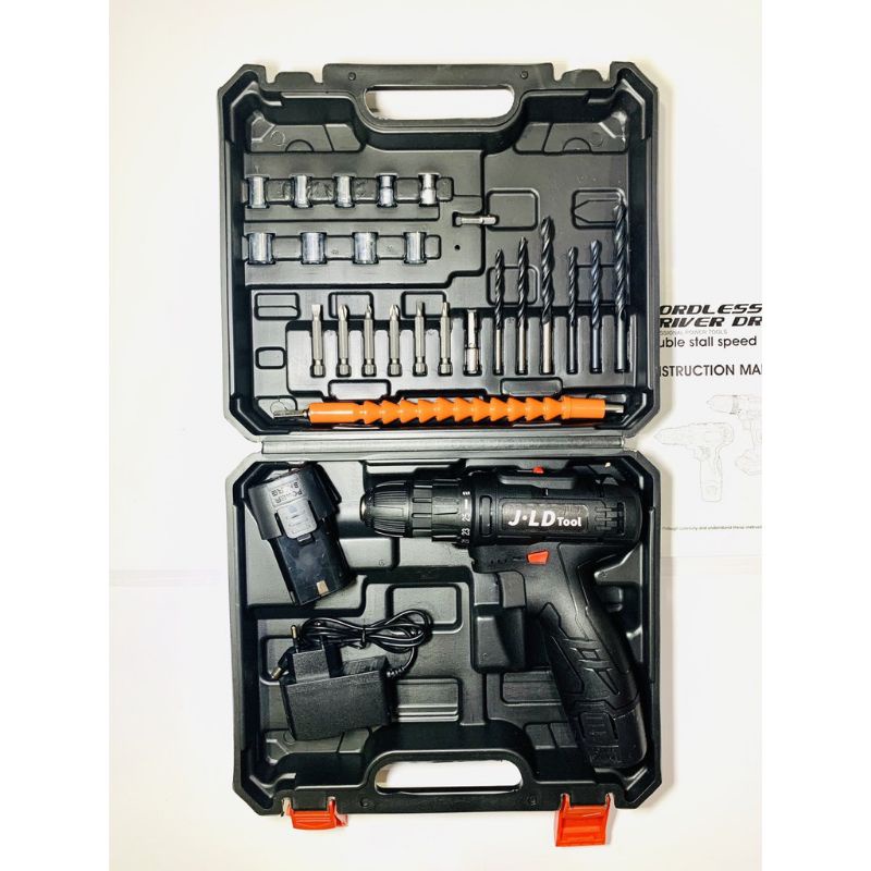 Mesin Bor Cordless Charge Drill 12 Volt Baterai set JLD Mesin Bor Baut Sekrup Charger 2 Battery