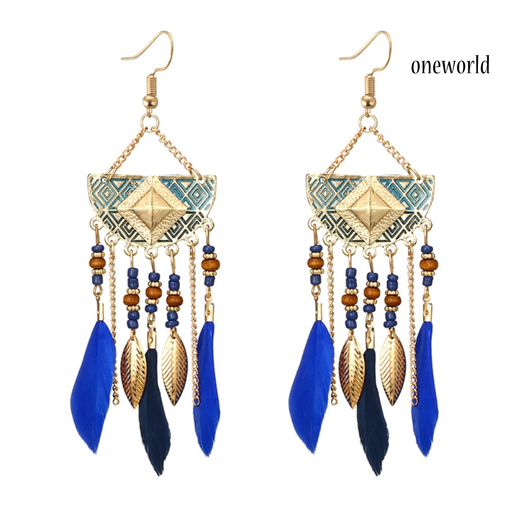 OW@ Bohemian Women Fan Shaped Beaded Tassel Feather Statement Hook Earrings Jewelry