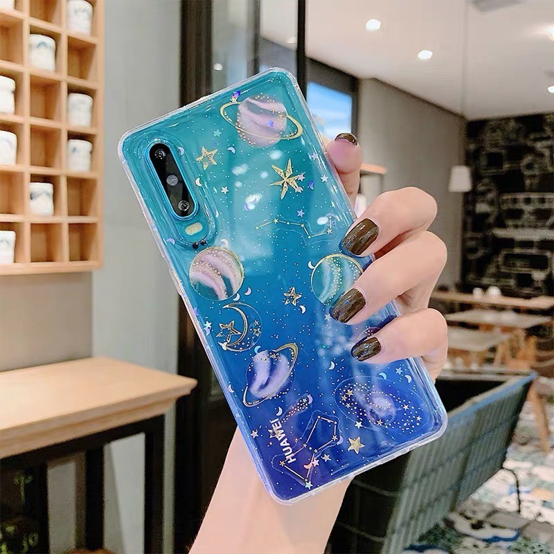 Case Motif planet universe Aksen Glitter Untuk iPhone yptr