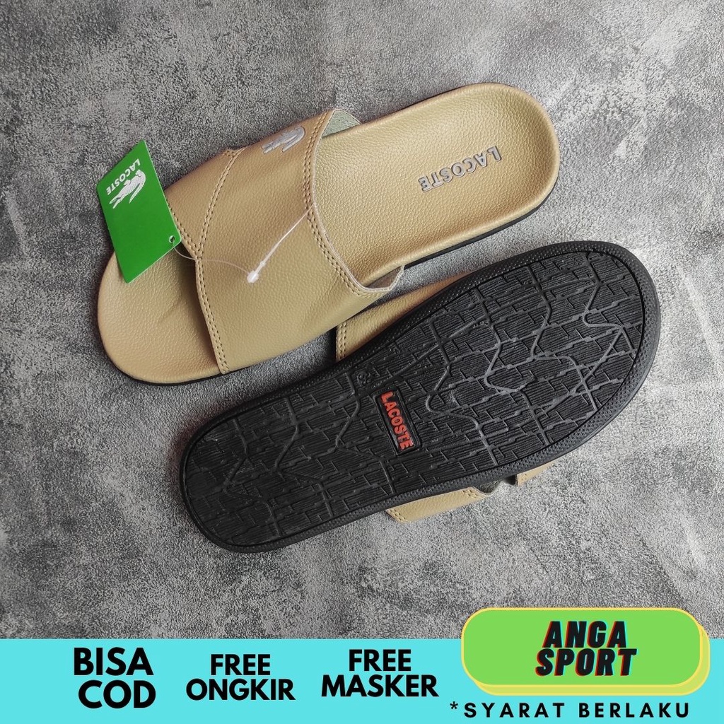 SANDAL PRIA SLIDE LACOSTE CROCO BIEGE PREMIUM / SENDAL SELOP REMAJA DEWASA KEKINIAN KEREN  / SANDAL SLOP COWOK KULIT CASUAL SANTAI SIZE 39-43