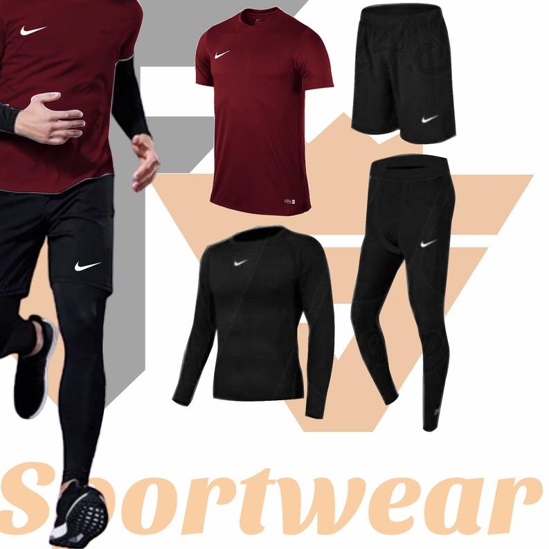 ☉ Full Set [ 4 in 1] Stelan Olahraga Pria Premium Manset Baju Futsal Running (MARON) ❇