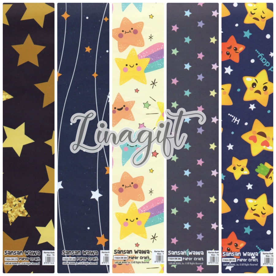 ( 5 Lembar ) JUMBO STARS - KERTAS KADO SANWA - GIFT WRAP PAPER SANSAN WAWA BINTANG VINTAGE UNIVERSAL BABY CLASSIC UNIVERSE CUTE TWINKLE STARS