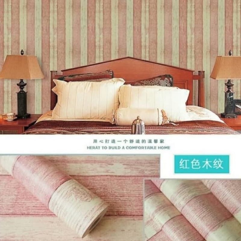 Wallpaper Dinding Kayu Sticker Dinding Kayu Rustic Garis Pink