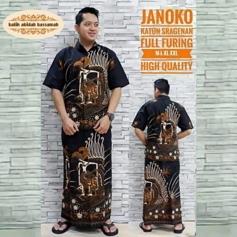 Batik solo modern Setelan  Sarung dan kemeja lapis furing motif wayang hitam set hem premium koko kekinian trendi baju lebaran terbaru-Wayang pdk+sarung