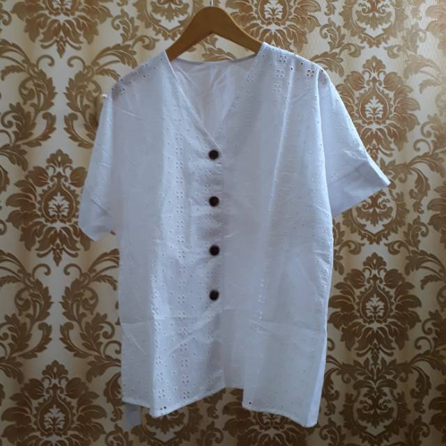 Classic blouse blus katun brokat putih keren