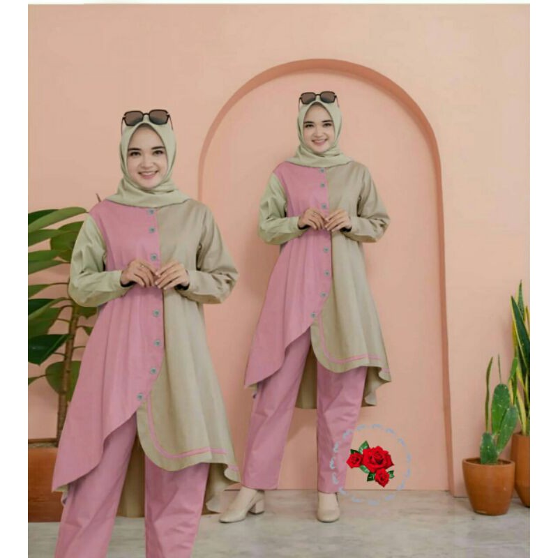 RM AR Set Verda Bahan moscrepe Atasan LD 108 PJ 98 kancing depan hidup +celana PJ 92 pinggang karet,