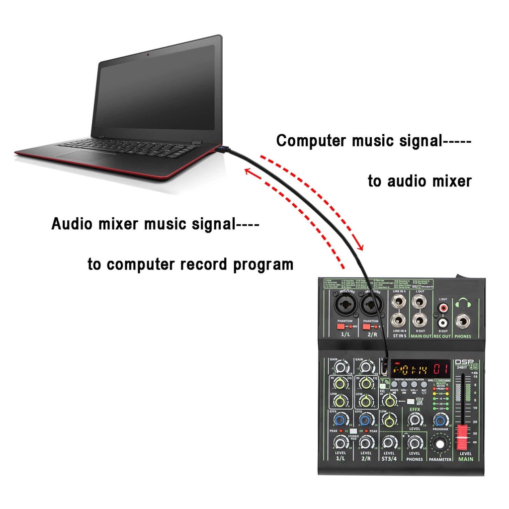 Audio Mixer Studio Professional 4 Channel Bluetooth Karaoke 4 Channel 99 DSP Effects Record Podcast Audio Mixer USB Audio Interface Digital MP3 Computer Input Live Studio Audio Sound Desk System Interface Portable +48V Phantom Power USB Computer Record