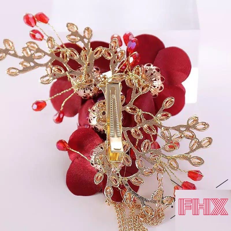 FerenHongXia Jepit Bridal 1 set exquisite red rose flower tiara and tassel earrings chinese bride