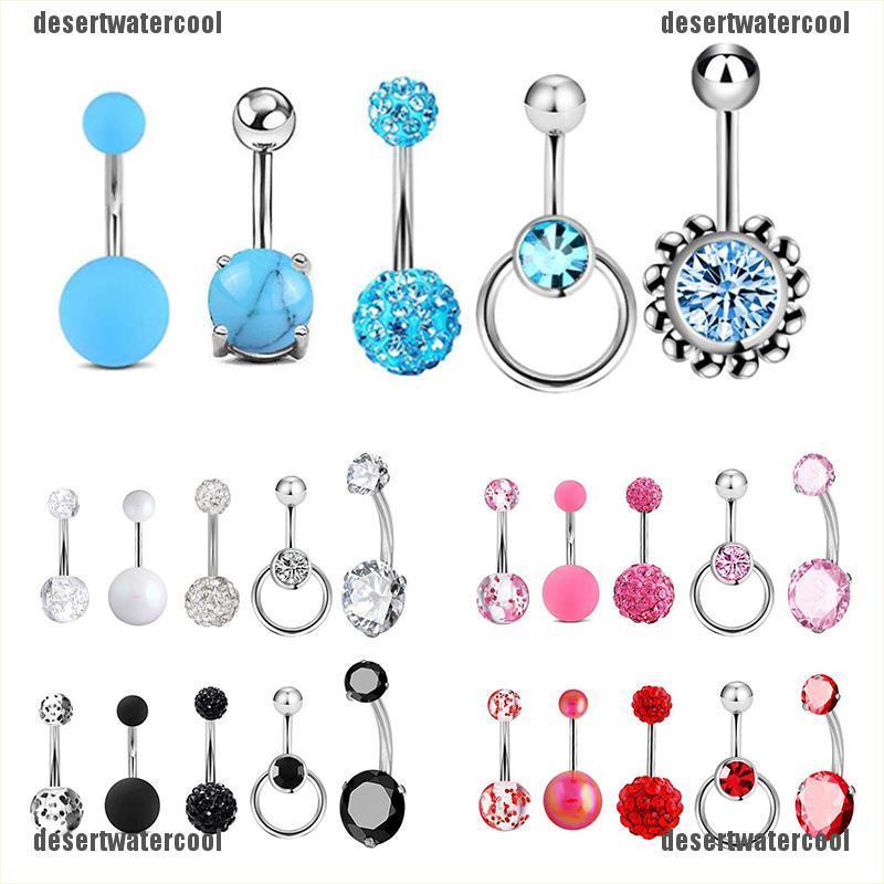 5pcs Cincin Tindik Pusar Perut Desain Barbell Aksen Kristal Shiny Untuk Wanita