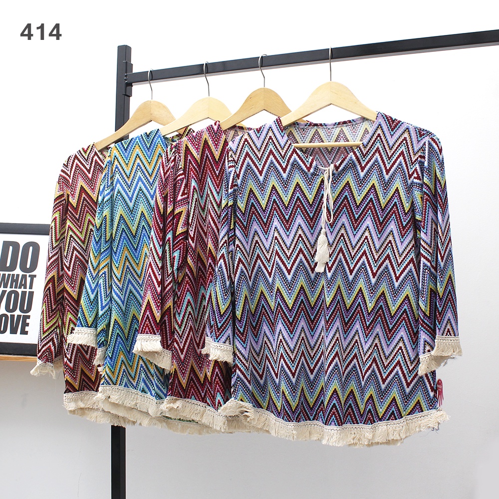 JakartaFashion - blouse atasan tribal etnic bohemian rumbai cream boho lengan 7/8 bahan jersey adem