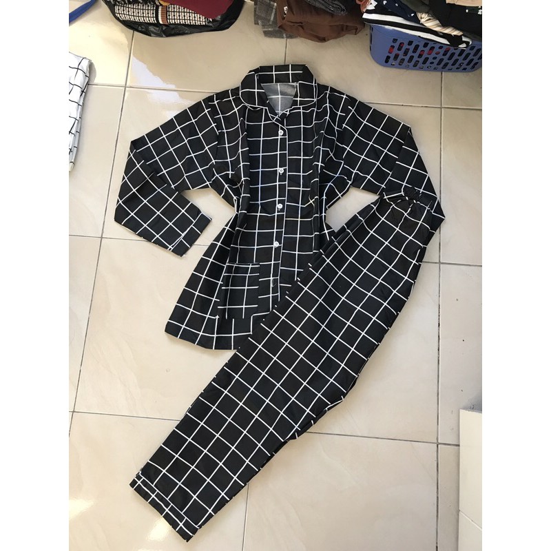 piyama/pajamas kotak&quot; PP hitam murah.homewear/sleepwear/bajutidur cwe PP tartan black kekinian