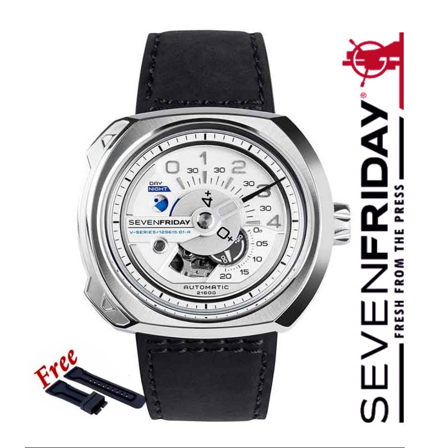 Jam Tanagn Pria SEVENFRIDAY V1/01 V-Series Automatic Silver Black Leather Strap