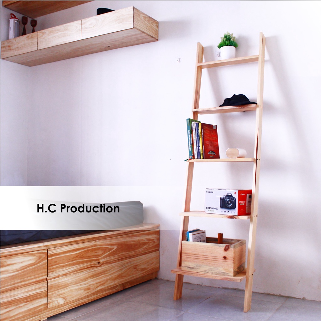 HC Rak Kayu 5 Susun Gaya Retro Minimalis Jati Belanda Lokal Kuat Tahan Lama Kualitas Ekspor Ladder H
