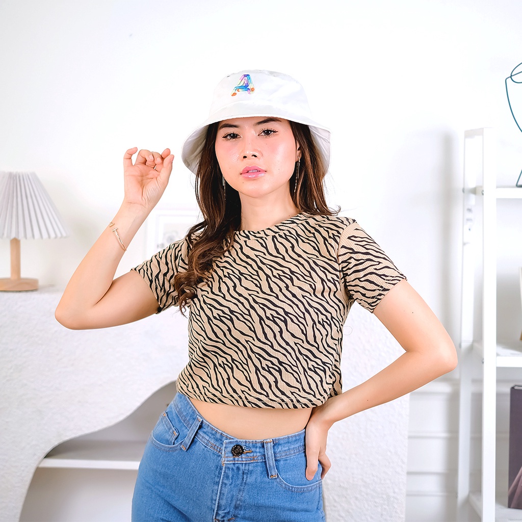 Tq88indonesia FashionBaju Atasan Wanita Lengan Pendek Zebra Crop Top / Busana Santai Cewek / Ootd / Outfit / Outfit