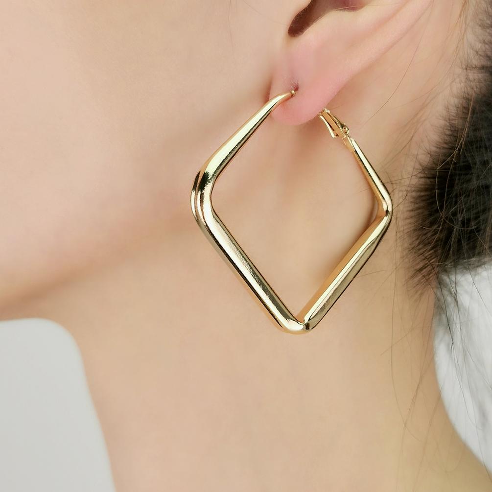 Anting Geometris Besar Anti Karat Bentuk Kotak warna Gold Silver Anting Titanium 5.8cm Hoop Earrings-ANT HOOP GEO-GOLD