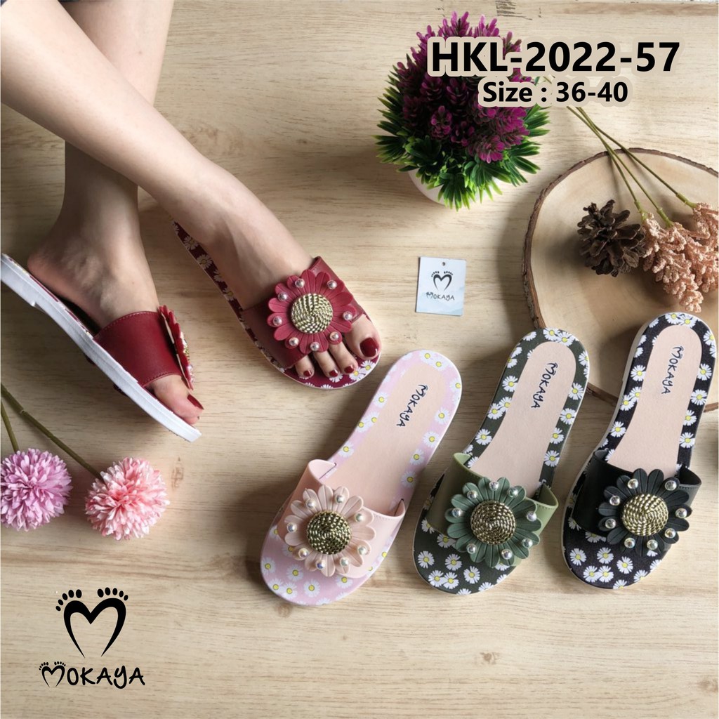 Sandal Slop Wanita Bunga Matahari Sama Warna Mutiara Cantik Import Mokaya/ Size 36-40 (HKL-2022-57)