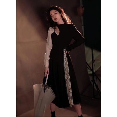 ‎Ins Goth Sexy Black Dress Gothic High Waist Lengan Panjang Vintage Lolita Elegant Party Night Celah
