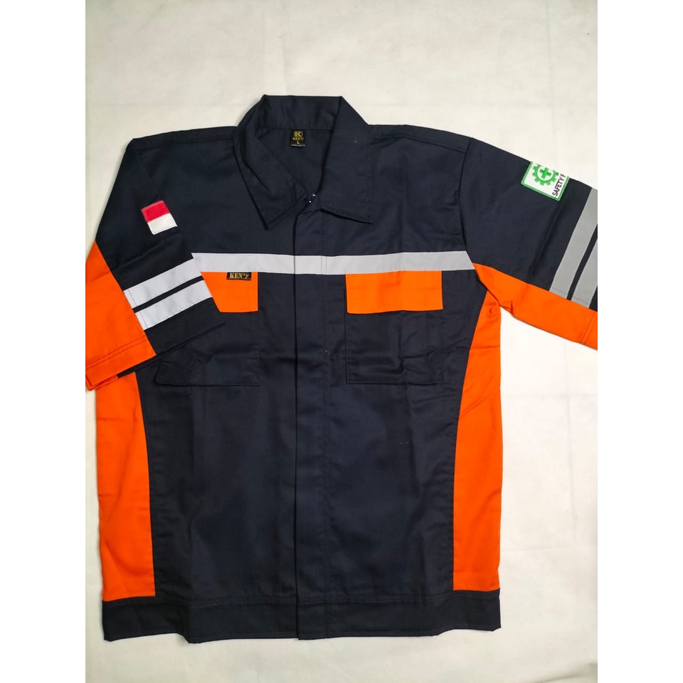 Kemeja Safety | Baju Proyek Lengan Pendek | Pakaian Dinas Lapangan Navy Orens