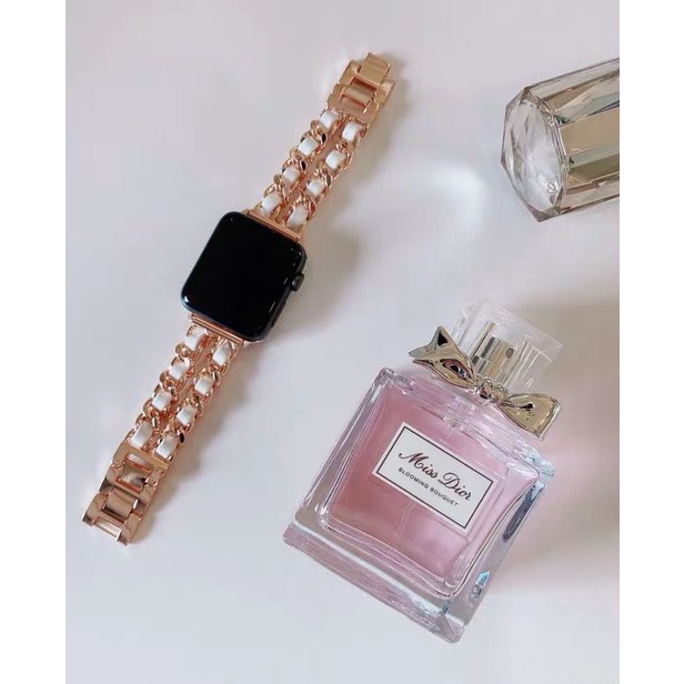 Strap Rantai Kulit Leather Fashion Wanita tali jam apple watch iwatch jam 5 3 stainless rose gold 41mm 45mm series 6 7