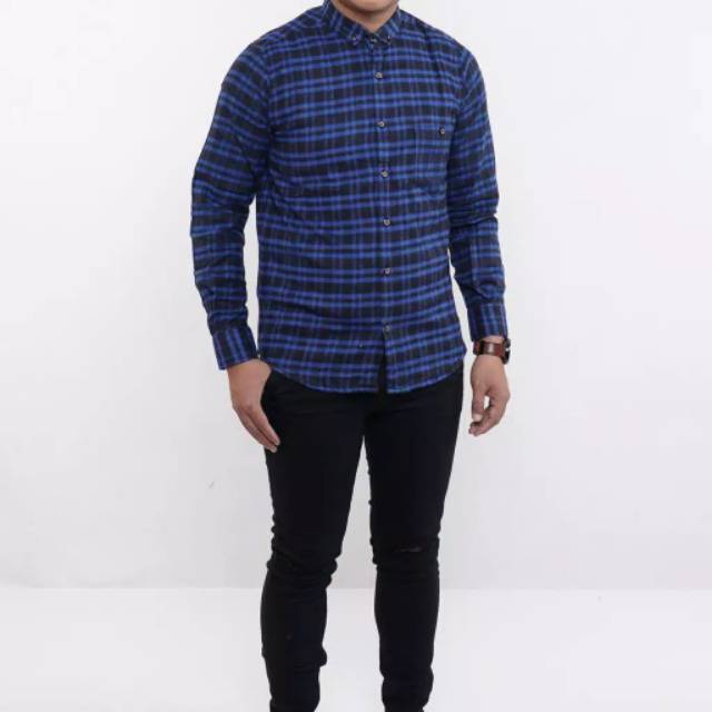 YB FLANEL PRIA KEMEJA SLIM FIT MOTIK KOTAK LENGAN PANJANG LONG SLEEVE ALPHA BLUE BIRU