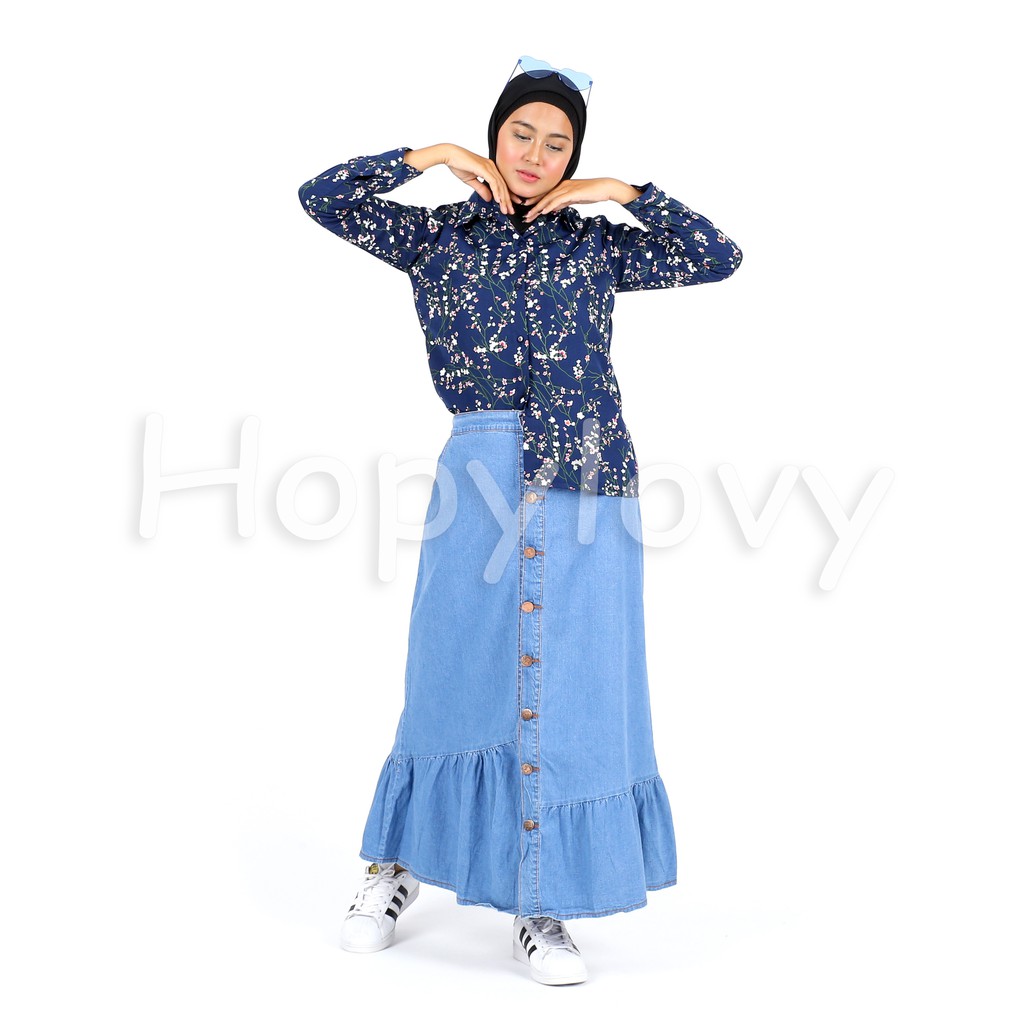 HOPYLOVY - Kemeja Wanita Terbaru Lengan Panjang Adiba-NAVY - Adiba