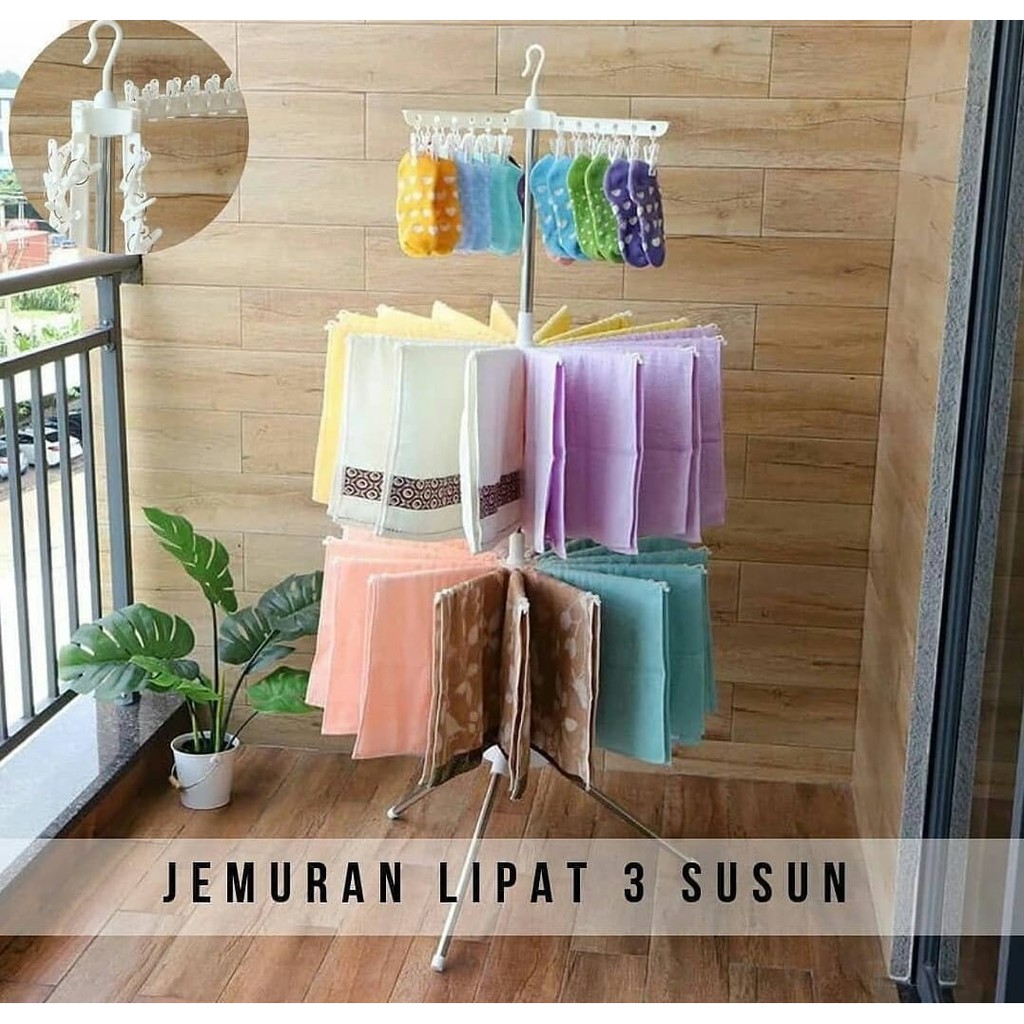 JEMURAN LIPAT 3 TINGKAT / JEMURAN MENARA/ JEMURAN BAYI BERTINGKAT/ HANGER BAJU LIPAT