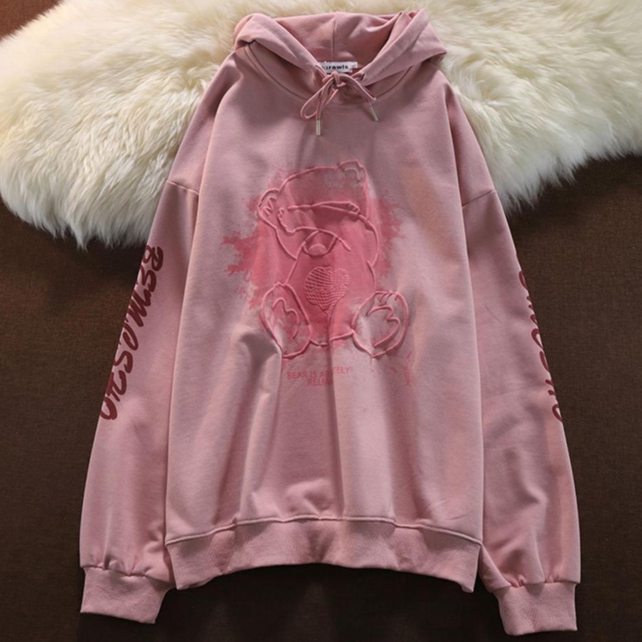 [littlecrab] Hoodie Oversize Bear Tutup Mata Splash Lucu Imut Hoodie Pink Bordir Timbul Elegan Bemesho Bear is Absolutely Reliable Cute Couple Unisex Hoodie Street Style Teddy Bear Hide And Seek Korean Style