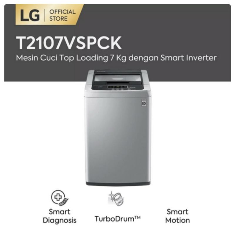 Mesin Cuci LG 1 Tabung 7kg Mesin Cuci LG Top Loading Inverter T2107VSPCK Kapasitas 7kg