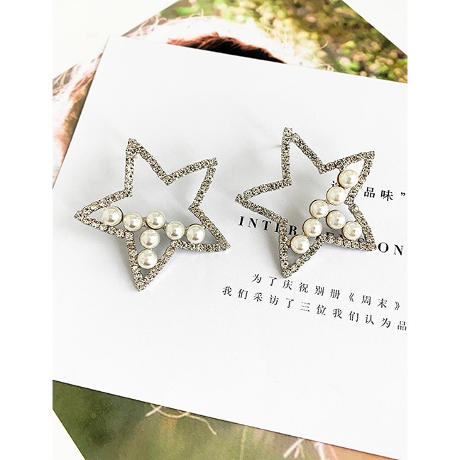 LRC Anting Tusuk Fashion Alloy Rhinestone-studded Five-pointed Star Stud Earrings D56251