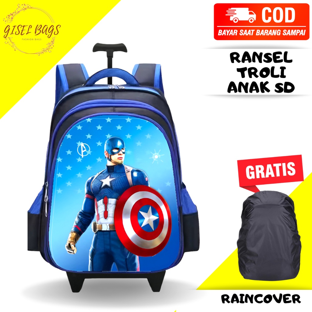 GB Tas ransel anak troli laki laki SD gambar karakter superhero timbul tas troli anak import