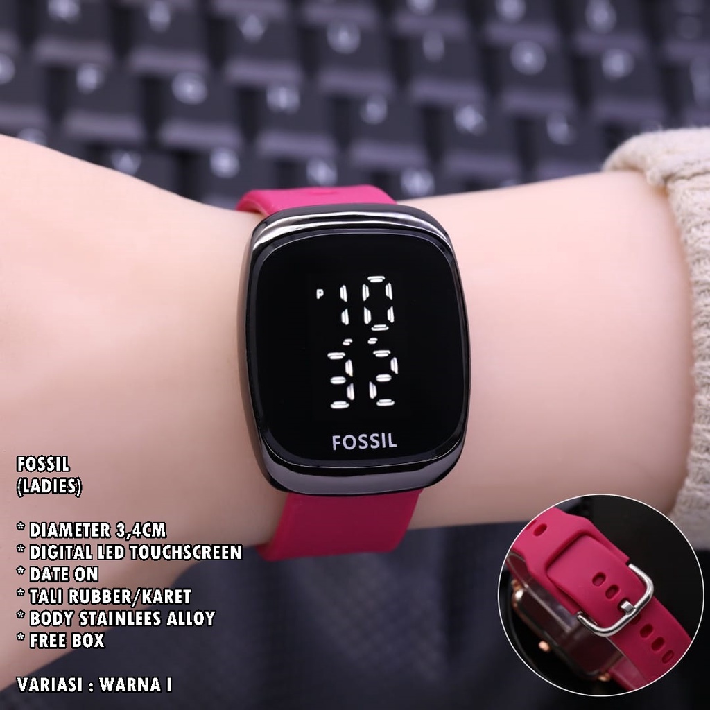 JAM TANGAN WANITA FASHION TALI RUBBER BODY OVAL HITAM LED TANGGAL AKTIF