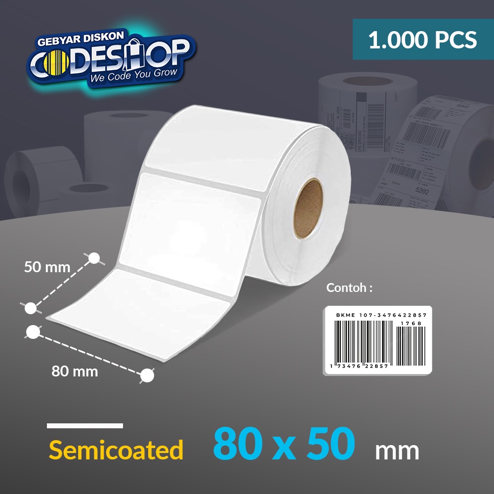 

Codeshop Label Semicoated 80 x 50 mm 1 Line Stiker Printer Barcode Core 1 Inch isi 1000 Pcs