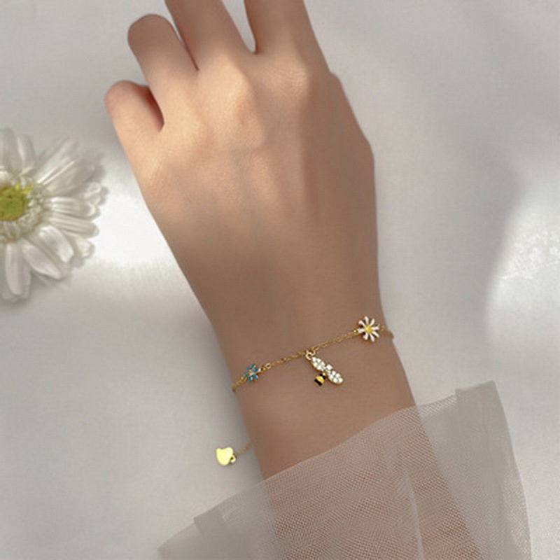 Gelang Tangan Silver Mori Motif Bunga / Lebah Aksen Berlian Warna-Warni Untuk Wanita