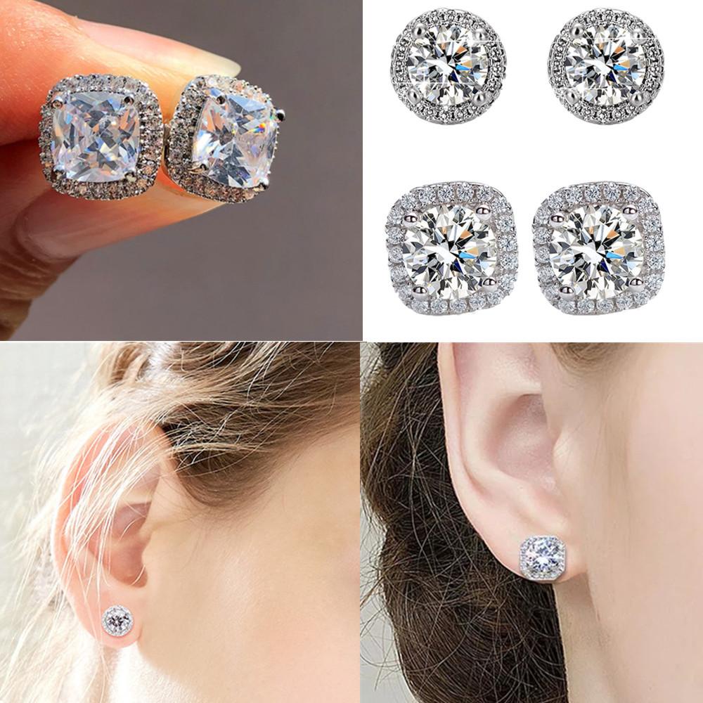 R-bunga Kristal Anting Pejantan Fashion Perempuan Perhiasan Pernikahan Mewah Bulat Kotak Zirkon Batu