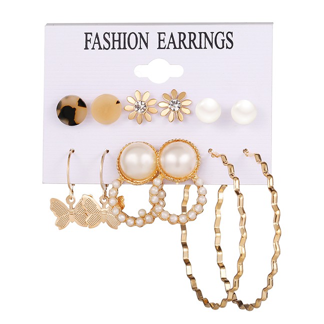 LRC Anting Set Fashion Tassel Orange Tassel Acrylic Diamond Pearl Geometric Alloy Earring Set