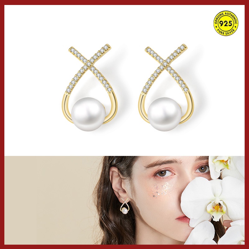 Anting Tusuk Motif Huruf X Hias Mutiara Imitasi Lapis Emas 18k Untuk Wanita