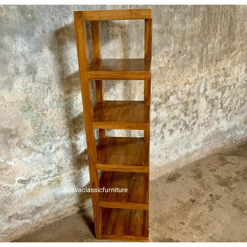 RAK BUKU PAJANGAN POT BUNGA POJOK SUDUT MINIMALIS BAHAN KAYU JATI FINISHING NATURAL TINGGI 150 CM-1