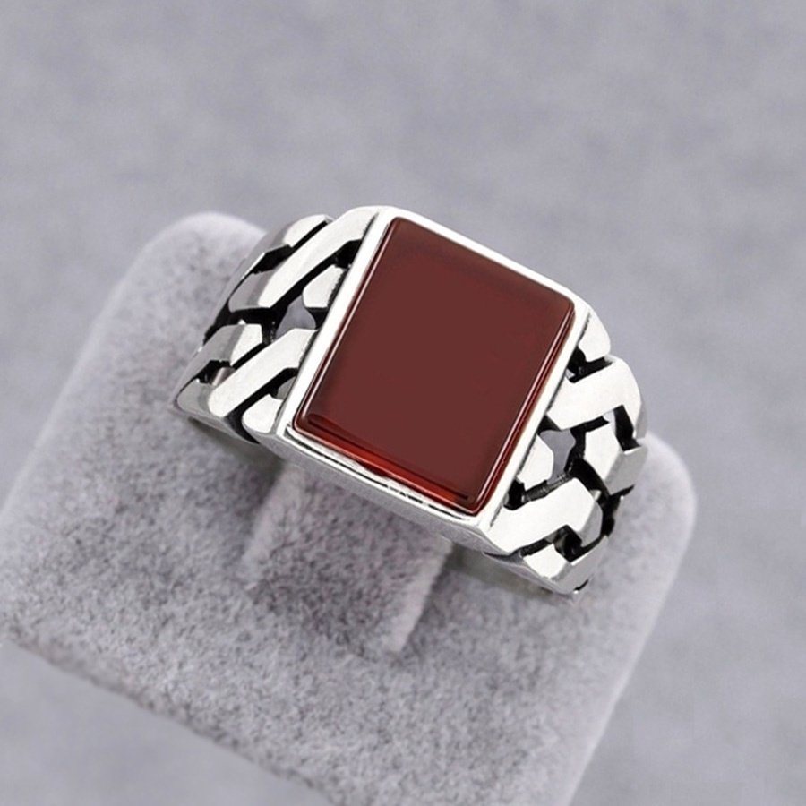 Cincin Baja Titanium Perak Antik Batu Akik Merah Perhiasan Fashion Pria Punk Pertunangan Pernikahan Rings