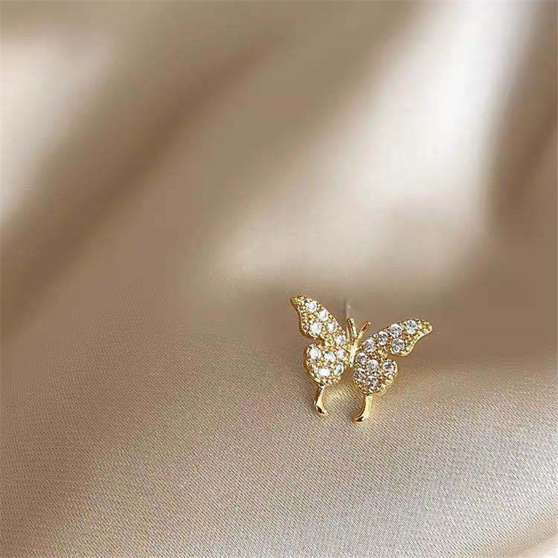 Anting Stud Kristal Bentuk Kupu-Kupu Warna Emas Perak Untuk Wanita