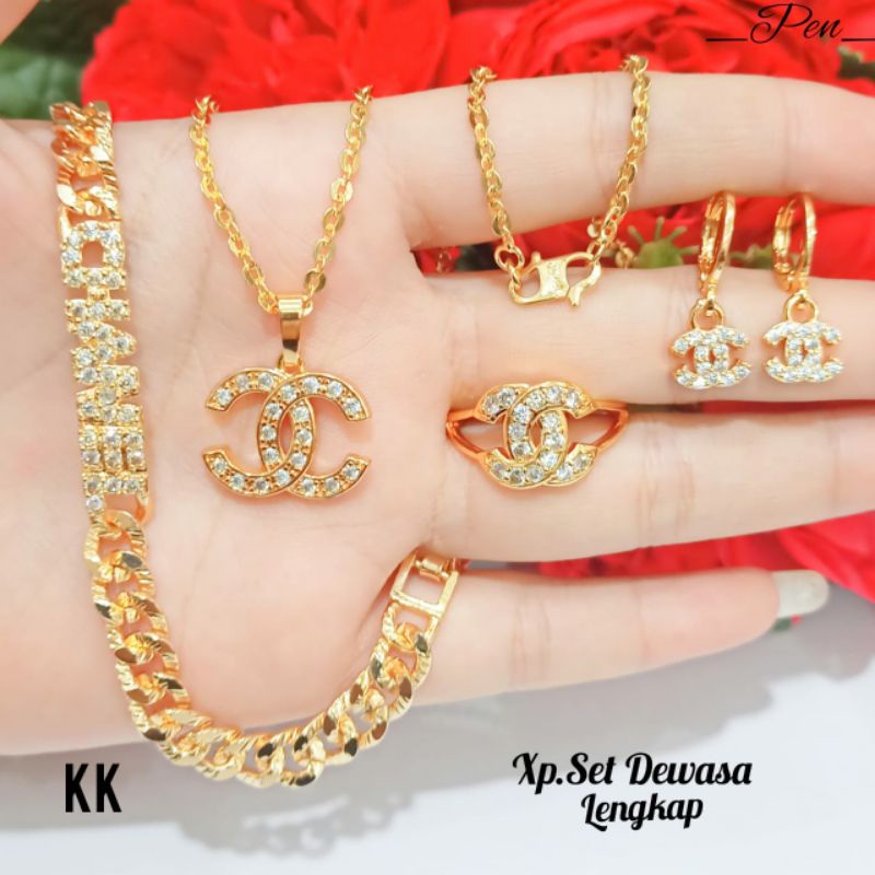 Set Dewasa permata zircon logo brand perhiasan emas Korea, tidak KARAT *COD*