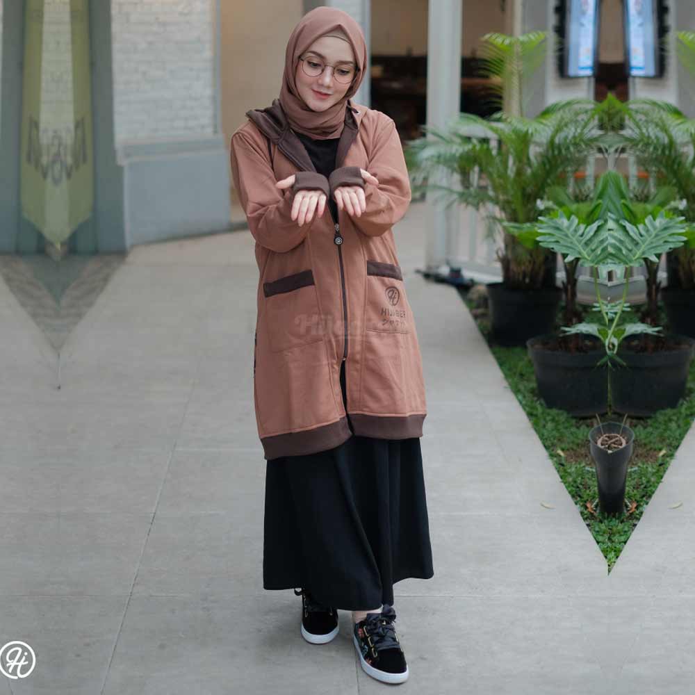 Jaket Hoodie Panjang Wanita Cewek Muslimah Hijaber Jacket Hijab Roundhand Finger Hijacket YK Coklat-3