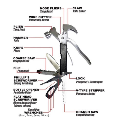 TANG SERBAGUNA TACTOOL 18 in 1 Palu serbaguna palu multifungsi tac tool set alat pertukangan alat tukang praktis dalam satu genggaman tangan