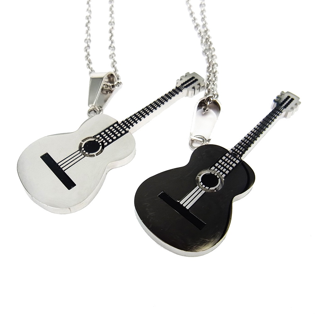 Hu Hu Hu Hu Hu Alat Bantu Pasang Kacamata♡ Kalung Liontin Gitar Rock Bahan Stainless Steel Untuk Pria Dan Wanita