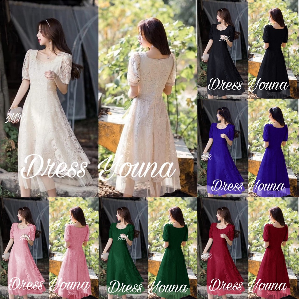 2 UKURAN L XL DRESS YOUNA PAKAIAN WANITA KEKINIAN BRUKAT LAPIS FURING MR ADA VIDEO PRODUK ASLI