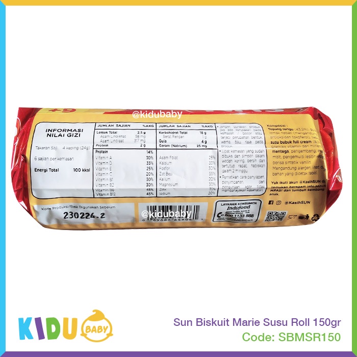 Sun Biskuit Marie Susu Roll 150gr Biskuit Bayi Cemilan Bayi &amp; Anak Sehat MPASI Kidu Baby